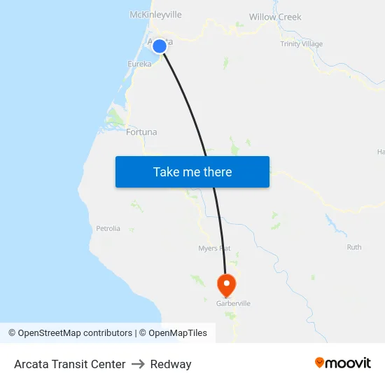 Arcata Transit Center to Redway map