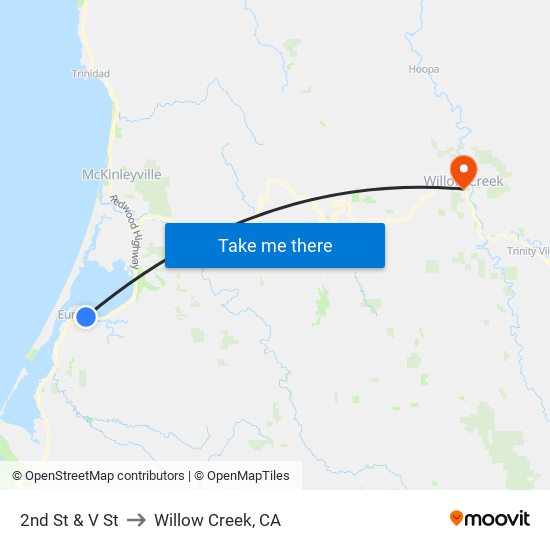 2nd St & V St to Willow Creek, CA map