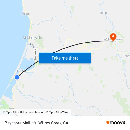 Bayshore Mall to Willow Creek, CA map