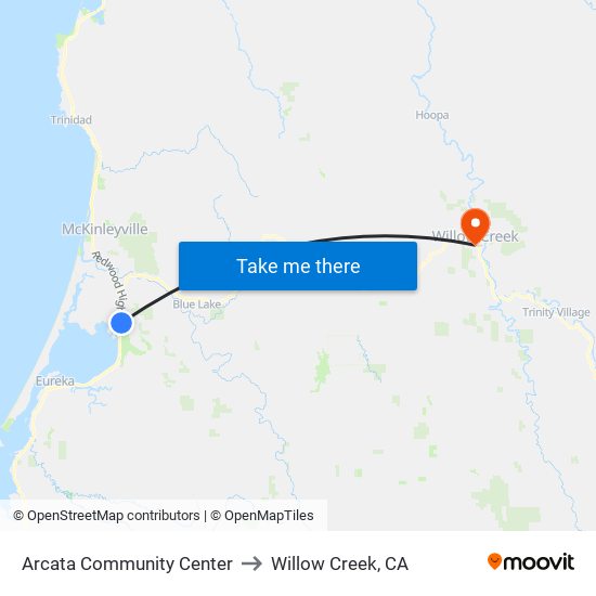 Arcata Community Center to Willow Creek, CA map