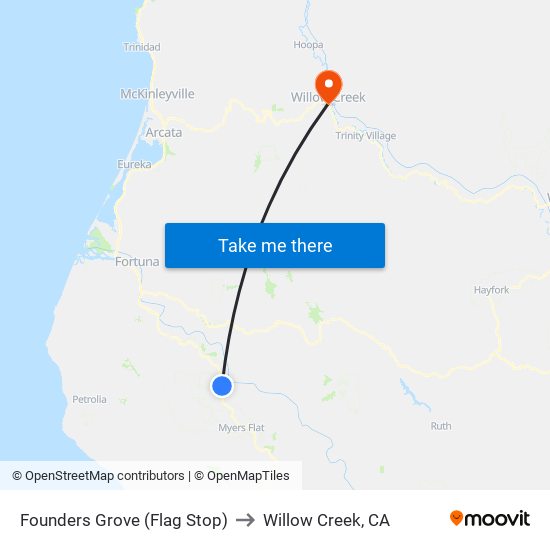 Founders Grove (Flag Stop) to Willow Creek, CA map