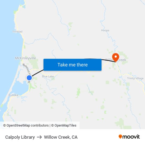 Calpoly Library to Willow Creek, CA map