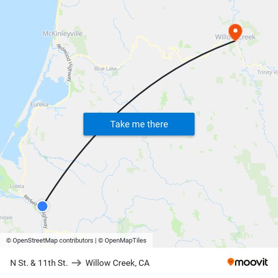 N St. & 11th St. to Willow Creek, CA map