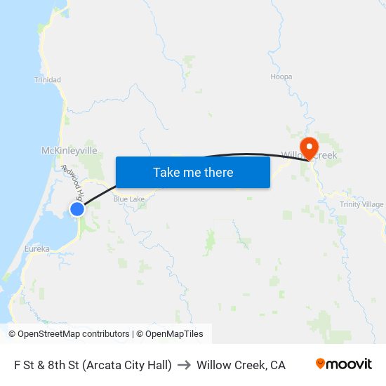 F St & 8th St (Arcata City Hall) to Willow Creek, CA map