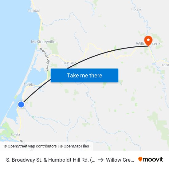 S. Broadway St. & Humboldt Hill Rd. (Spruce Point) to Willow Creek, CA map