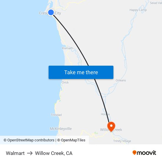 Walmart to Willow Creek, CA map