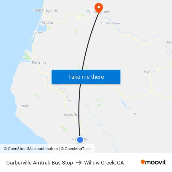 Garberville Amtrak Bus Stop to Willow Creek, CA map