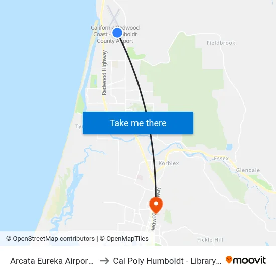 Arcata Eureka Airport ACV to Cal Poly Humboldt - Library Circle map
