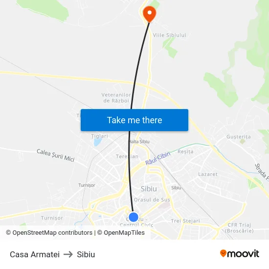 Casa Armatei to Sibiu map
