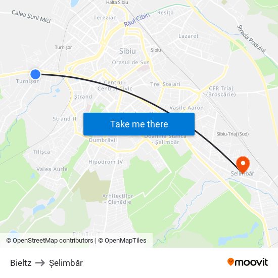 Bieltz to Șelimbăr map