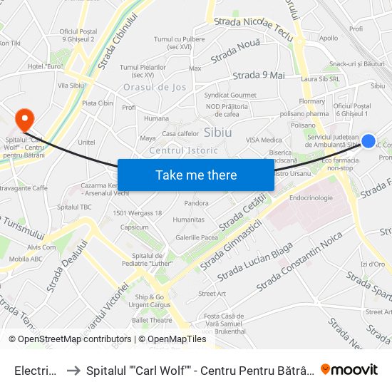 Electrica to Spitalul ""Carl Wolf"" - Centru Pentru Bătrâni map