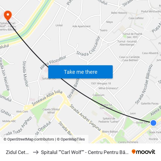 Zidul Cetăţii to Spitalul ""Carl Wolf"" - Centru Pentru Bătrâni map