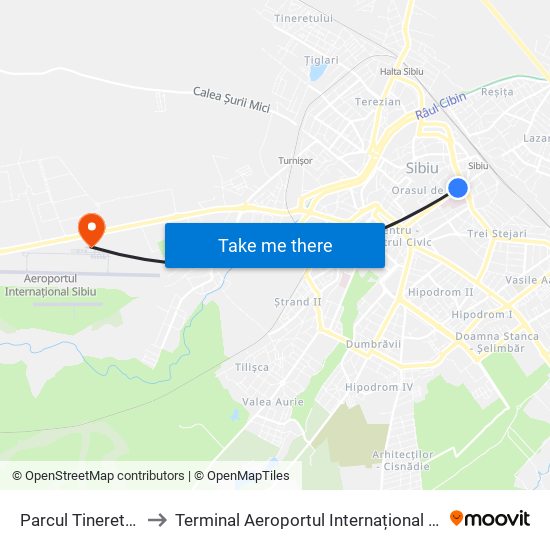 Parcul Tineretului to Terminal Aeroportul Internațional Sibiu map