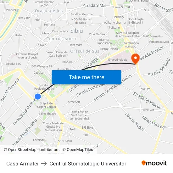 Casa Armatei to Centrul Stomatologic Universitar map