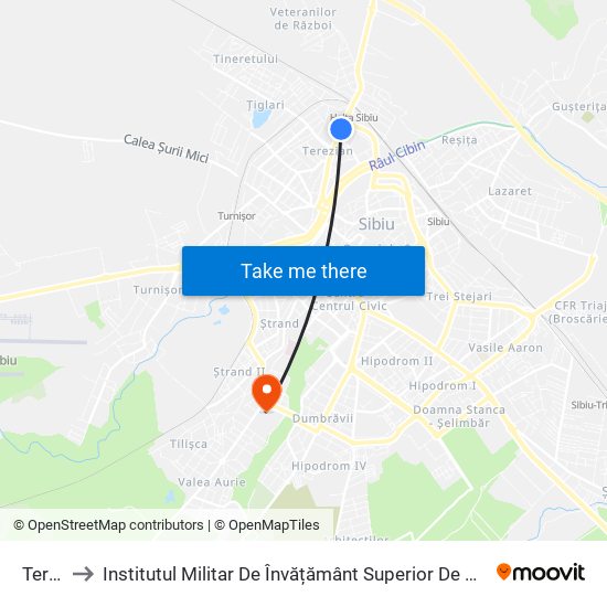 Terezian to Institutul Militar De Învățământ Superior De Artilerie Și Geodezie ""Ioan Vodă"" map