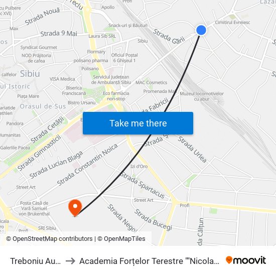 Treboniu Aurelian to Academia Forțelor Terestre ""Nicolae Bălcescu"" map