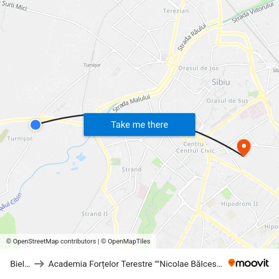 Bieltz to Academia Forțelor Terestre ""Nicolae Bălcescu"" map