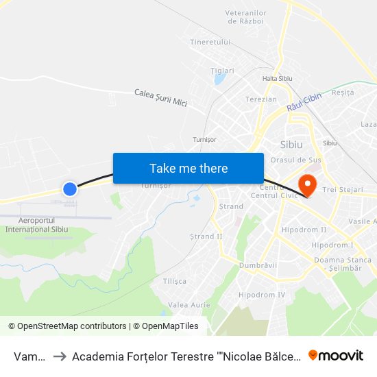 Vama I to Academia Forțelor Terestre ""Nicolae Bălcescu"" map