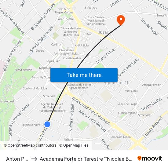 Anton Pann to Academia Forțelor Terestre ""Nicolae Bălcescu"" map
