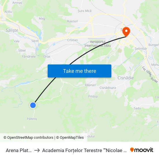 Arena Platos II to Academia Forțelor Terestre ""Nicolae Bălcescu"" map