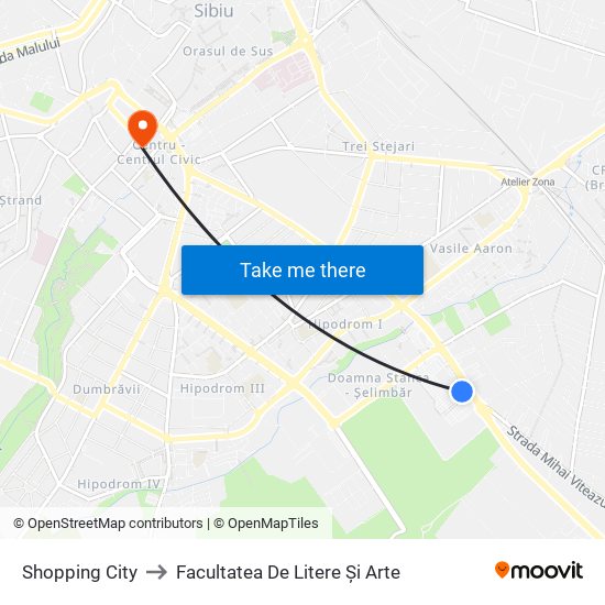 Shopping City to Facultatea De Litere Și Arte map