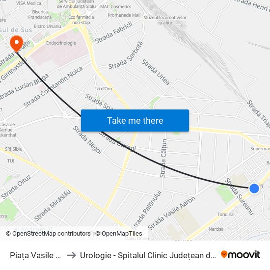 Piața Vasile Aaron I to Urologie - Spitalul Clinic Județean de Urgență Sibiu map