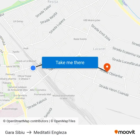 Gara Sibiu to Meditatii Engleza map
