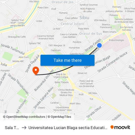 Sala Thalia to Universitatea  Lucian Blaga  sectia Educatie Fizica si Sport map