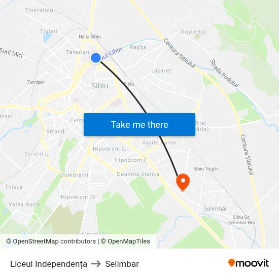 Liceul Independența to Selimbar map