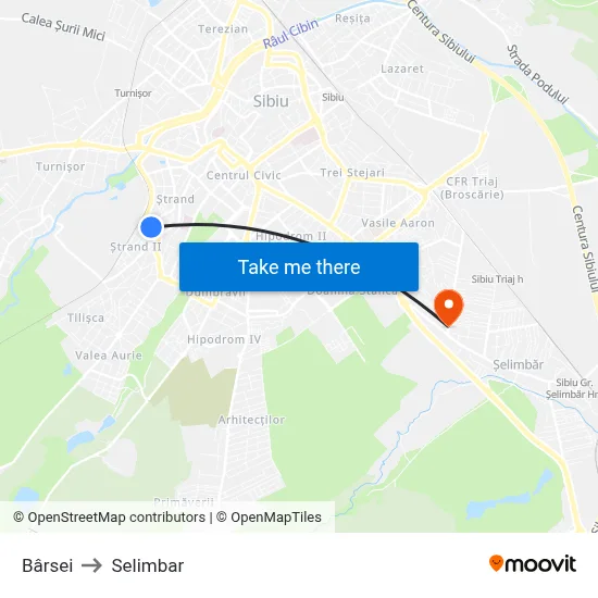 Bârsei to Selimbar map