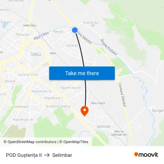 POD Gușterița II to Selimbar map