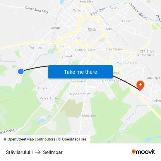 Stăvilarului I to Selimbar map