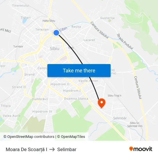 Moara De Scoarță I to Selimbar map