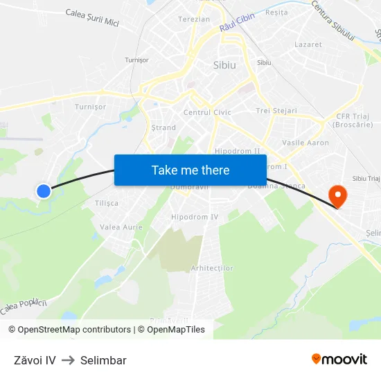 Zăvoi IV to Selimbar map