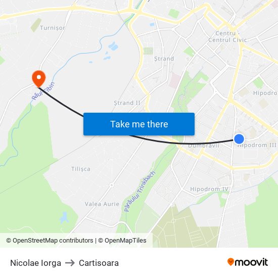 Nicolae Iorga to Cartisoara map