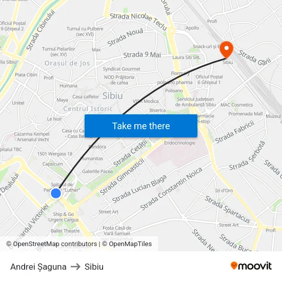 Andrei Șaguna to Sibiu map