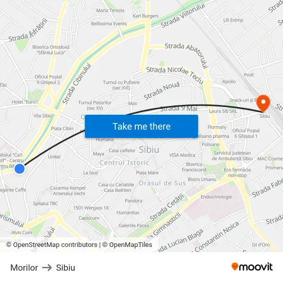 Morilor to Sibiu map