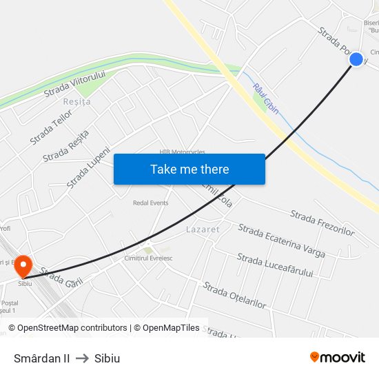 Smârdan II to Sibiu map