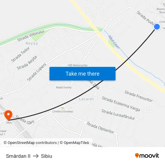 Smârdan II to Sibiu map
