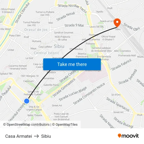 Casa Armatei to Sibiu map