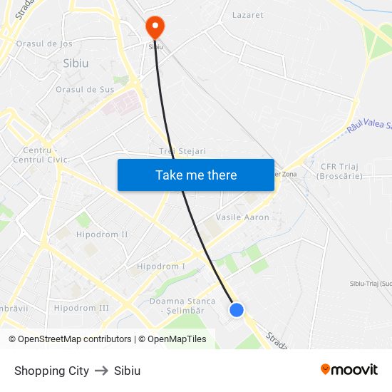 Shopping City to Sibiu map