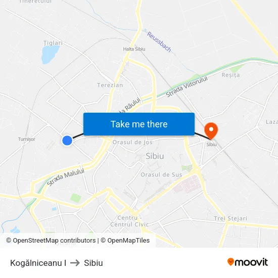 Kogălniceanu I to Sibiu map
