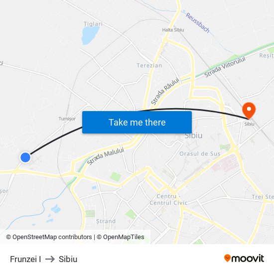 Frunzei I to Sibiu map