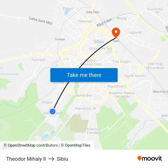 Theodor Mihaly II to Sibiu map