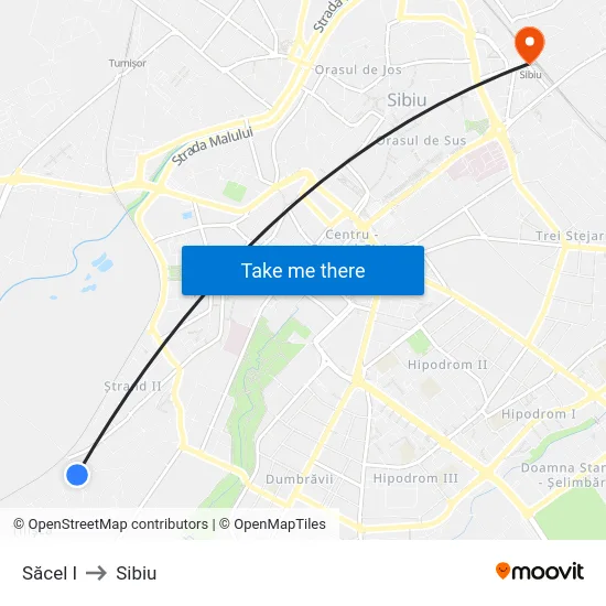 Săcel I to Sibiu map