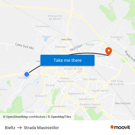 Bieltz to Strada Masinistilor map