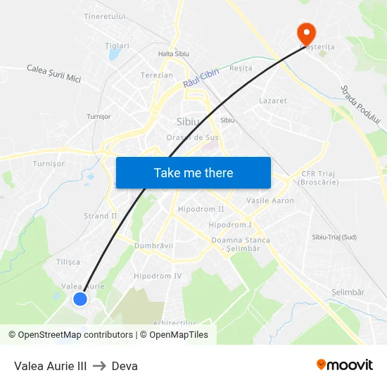 Valea Aurie III to Deva map