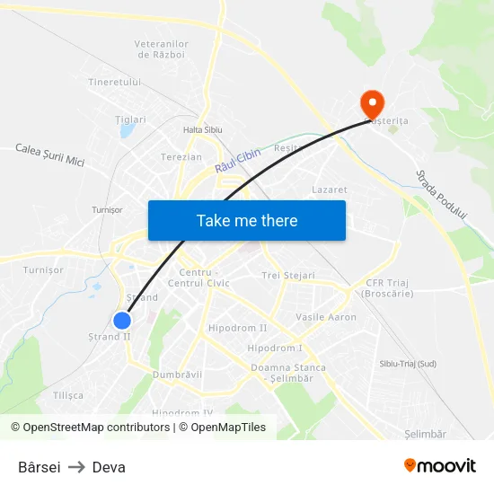 Bârsei to Deva map