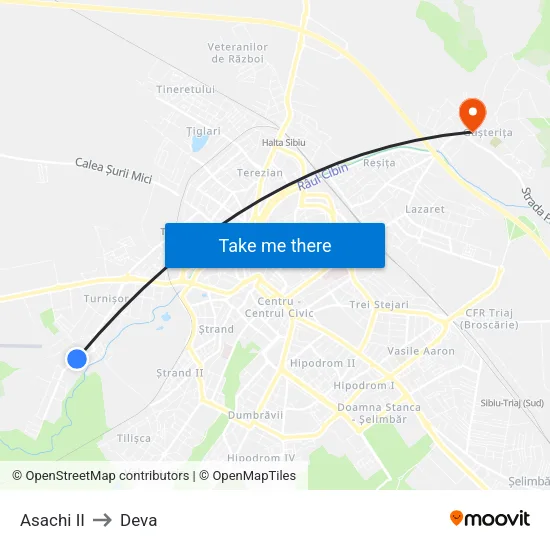 Asachi II to Deva map