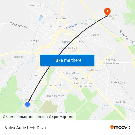 Valea Aurie I to Deva map